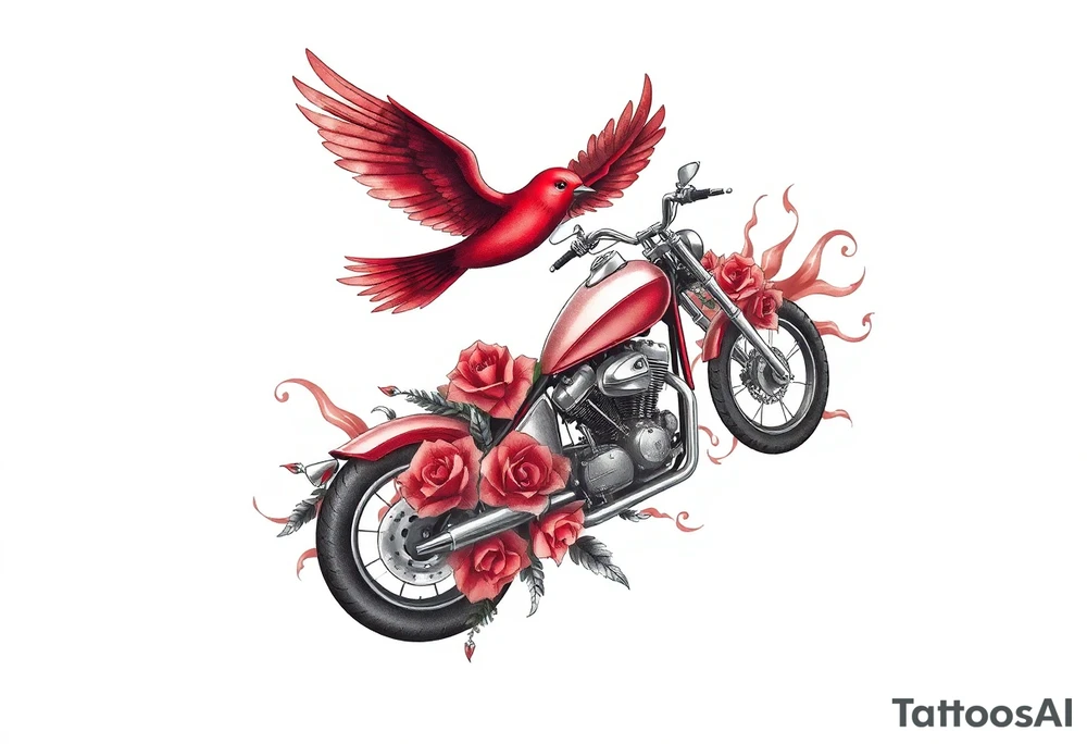 Motorcycle, red bird flying, roses and lace, flames tattoo idea