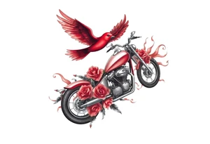 Motorcycle, red bird flying, roses and lace, flames tattoo idea