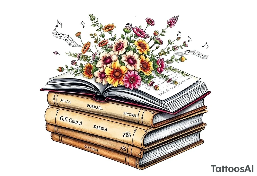 stack of 3 vintage books with various names on the spines top book open with bouquet of different kinds of wild 
flowers coming out of it
Music notes dancing around in the background tattoo idea