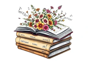 stack of 3 vintage books with various names on the spines top book open with bouquet of different kinds of wild 
flowers coming out of it
Music notes dancing around in the background tattoo idea