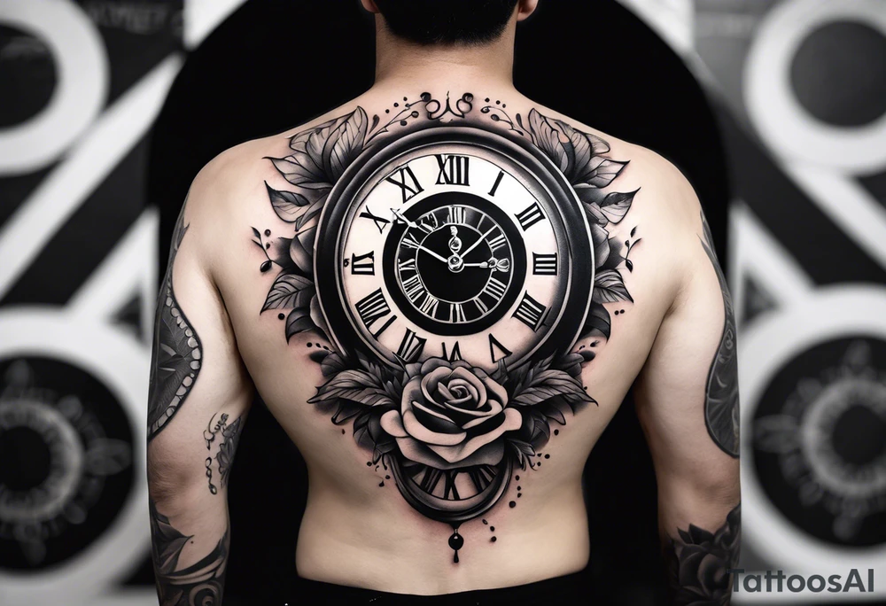 Draw me a tattoo located on the shoulder and upper arm of a man. The tattoo represents a clock in an hourglass with Roman numerals in the background. It is a symbol of the passing of time. tattoo idea