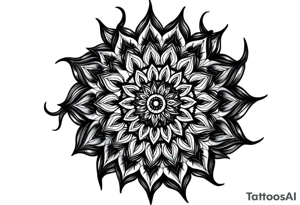Mandala center with flowing black lines extending outward, blackwork tattoo design, spiritual energy, curved shapes, symmetrical but flowing, designed for sleeve expansion tattoo idea