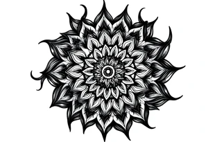 Mandala center with flowing black lines extending outward, blackwork tattoo design, spiritual energy, curved shapes, symmetrical but flowing, designed for sleeve expansion tattoo idea