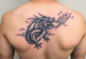 fierce dragon breathing iridescent fire against stormy skies tattoo idea
