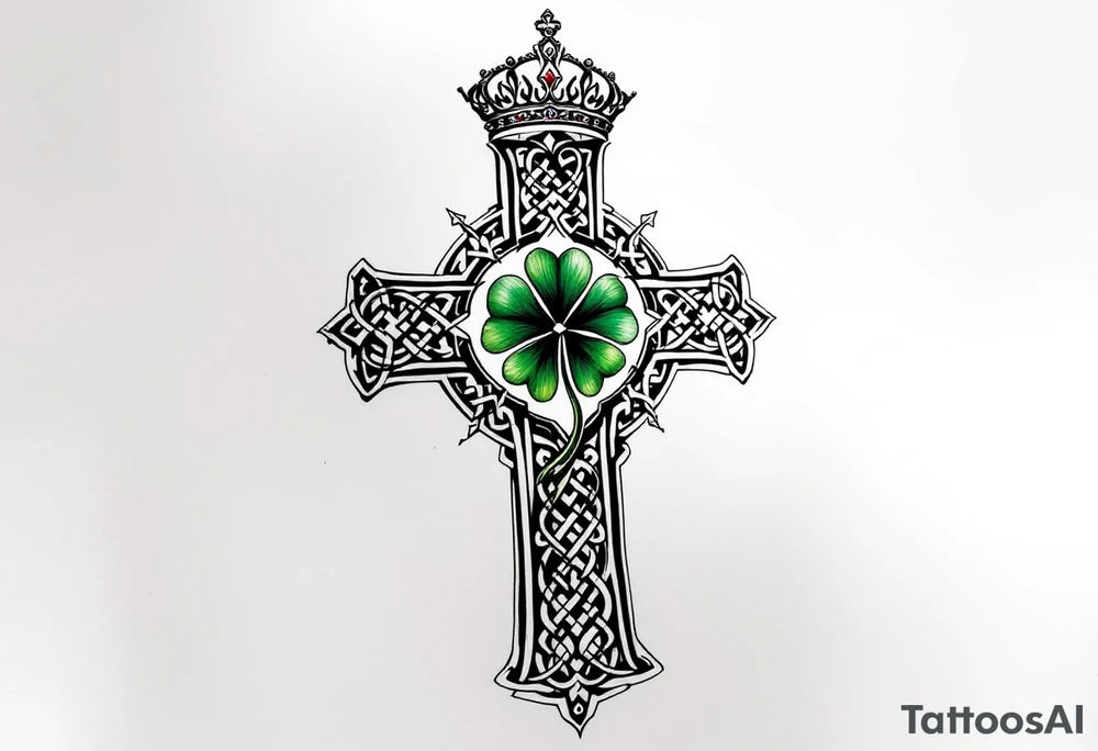 Masculine Celtic cross tattoo featuring intricate knotwork patterns along the arms and base of the cross. At the heart of the cross, place a vibrant four-leaf clover, its leaves shaded with subtle gradients of green, symbolizing luck and unity. Above the cross, incorporate a regal crown adorned with ornate details, such as small gemstones or filigree, to signify authority and strength. Behind the cross add more celtic knots and a celtic tree of life tattoo idea