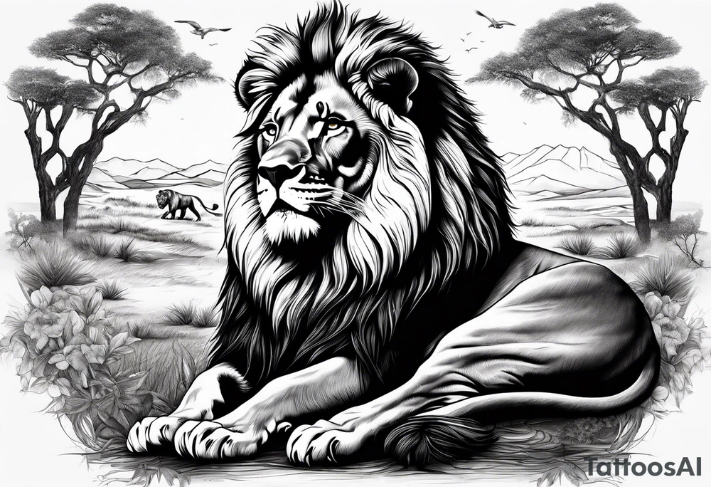 in front the savane
in back ground a lion and is family tattoo idea