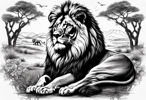 in front the savane
in back ground a lion and is family tattoo idea