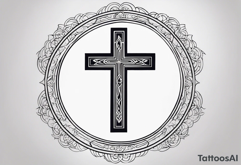 Tattoo: A refined cross with a soft halo on top of it, symbolizing light and spirituality. Delicate rays extend outward from the halo, adding a subtle glow and depth. The cross itself is simple and elegant, with potential for small, intricate line details within the design. tattoo idea