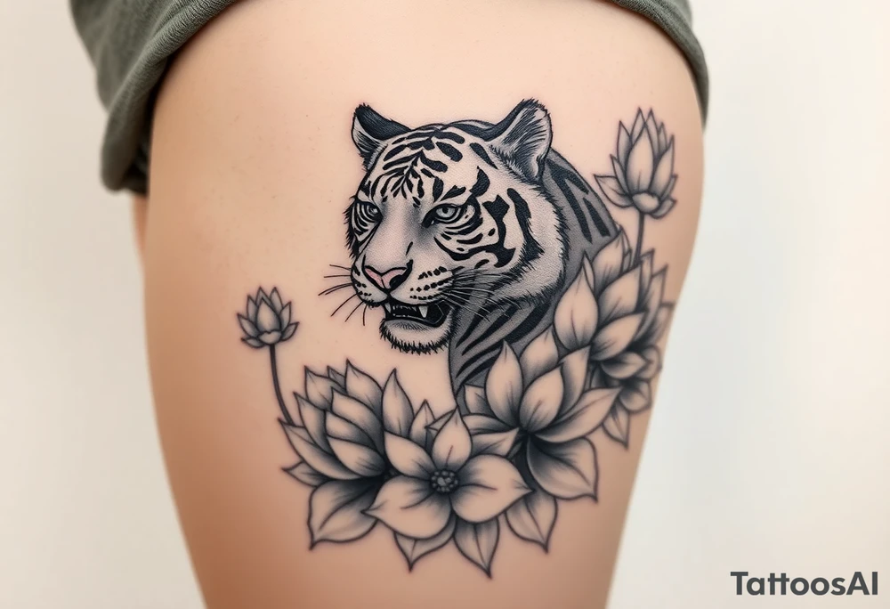 fierce tiger emerging through blooming lotus flowers in mist tattoo idea