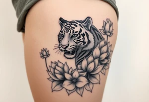 fierce tiger emerging through blooming lotus flowers in mist tattoo idea
