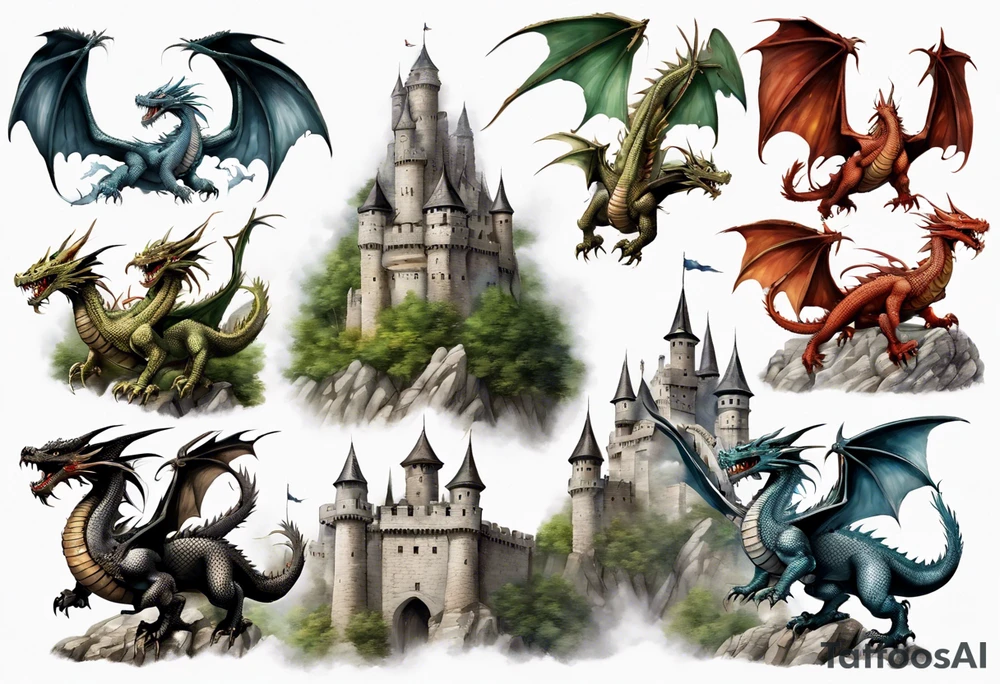 3 dragons flying around the highest part of the castle, defending it from a village with angry people, angry villagers around the castle, realistic tattoo idea
