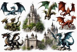 3 dragons flying around the highest part of the castle, defending it from a village with angry people, angry villagers around the castle, realistic tattoo idea