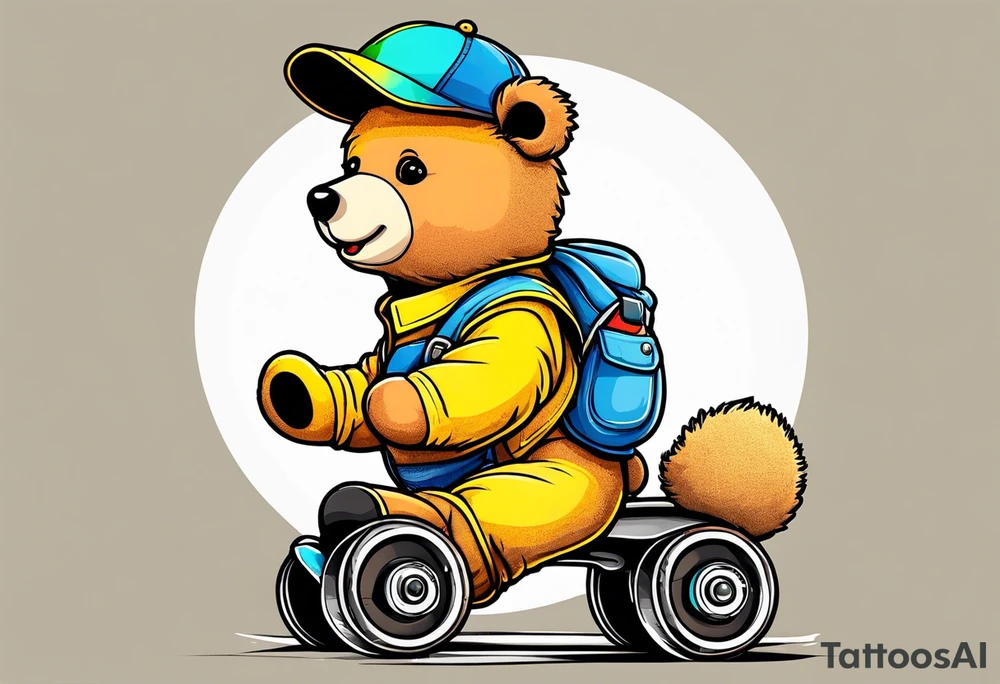 A light brown teddy bear in yellow overalls, rollerskating in rainbow colored skates tattoo idea
