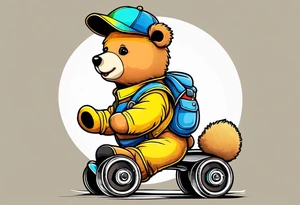 A light brown teddy bear in yellow overalls, rollerskating in rainbow colored skates tattoo idea