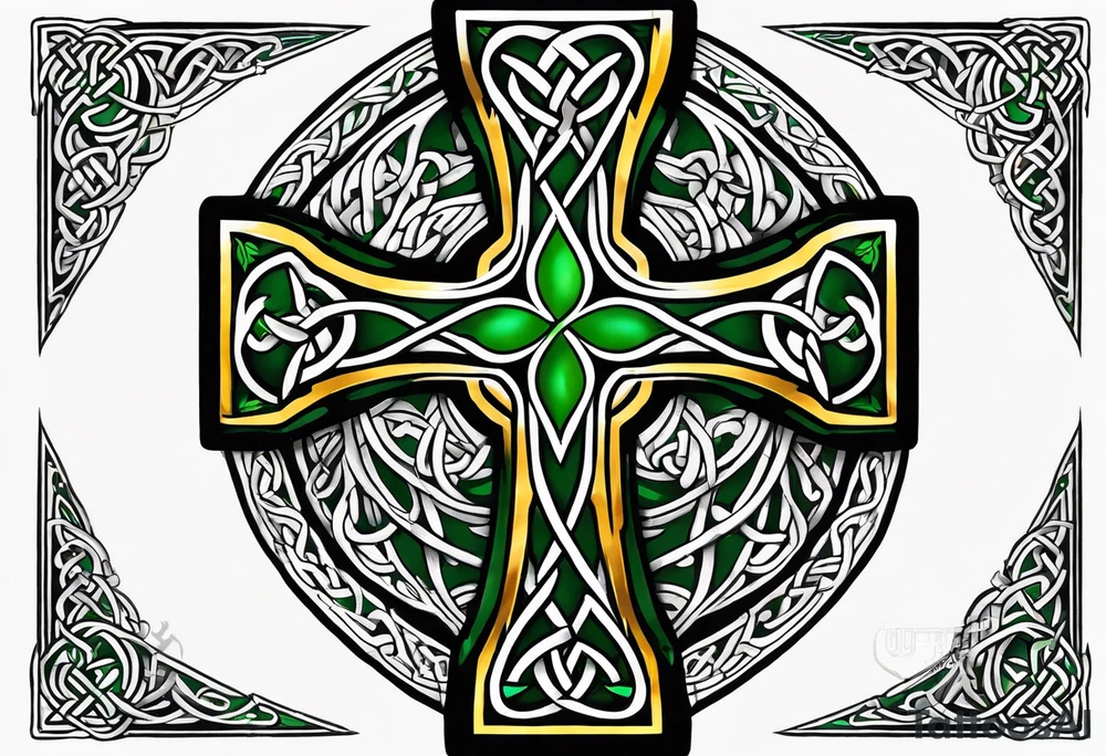 Celtic cross, shamrock in center, one feather hanging from each side of cross tattoo idea
