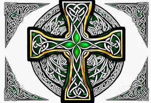 Celtic cross, shamrock in center, one feather hanging from each side of cross tattoo idea
