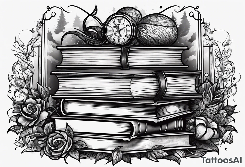 A stack of books surrounded with elements from Harry Potter, hunger games, the hobbit, pride and prejudice, twilight, and lord of the rings tattoo idea