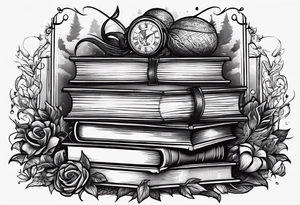 A stack of books surrounded with elements from Harry Potter, hunger games, the hobbit, pride and prejudice, twilight, and lord of the rings tattoo idea