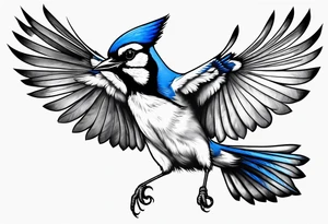 Strong blue jay bird in flight head down tattoo idea