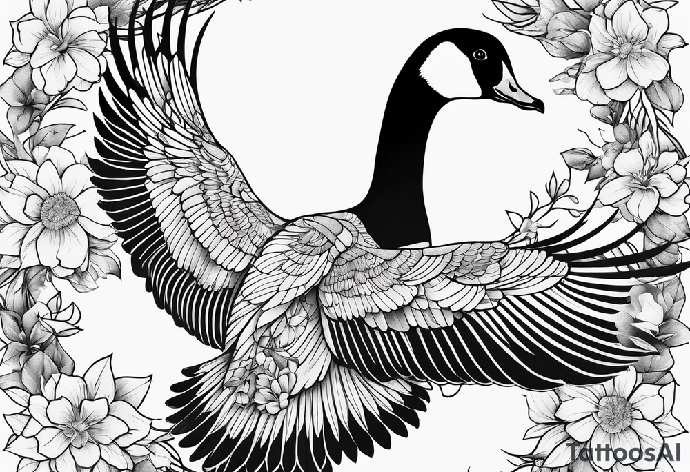 canadian goose spread wings with flowers side tattoo idea