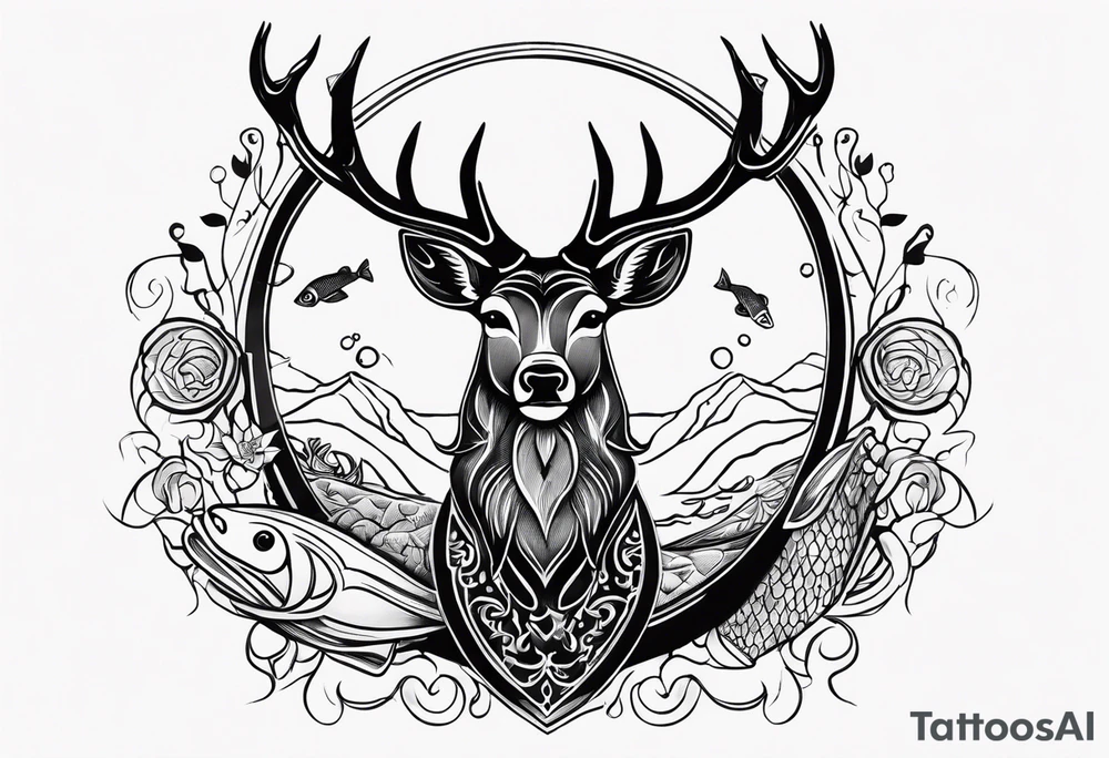 stag and fish with fishhook tattoo idea