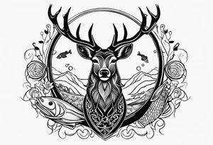 stag and fish with fishhook tattoo idea