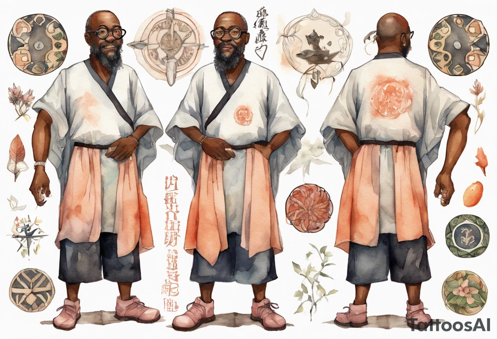 a middle-aged medieval black man wearing round glasses, wearing tunic, wearing salmon boots tattoo idea