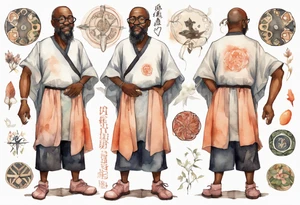 a middle-aged medieval black man wearing round glasses, wearing tunic, wearing salmon boots tattoo idea