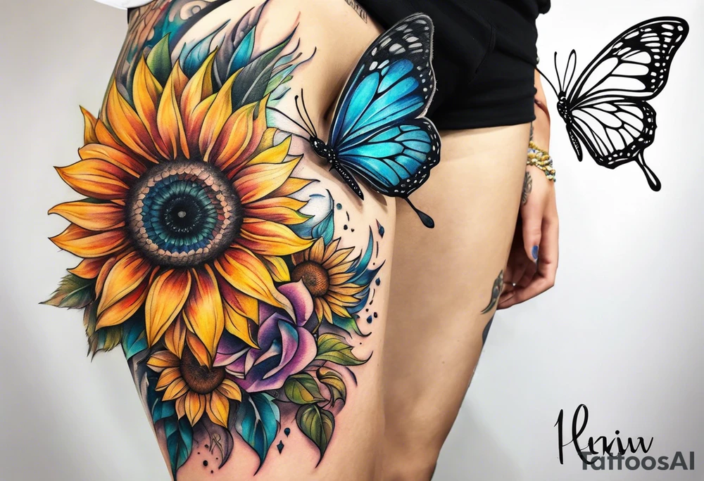 Quarter Leg sleeve with dreamcatcher, rainbow sunflowers and one butterfly tattoo idea