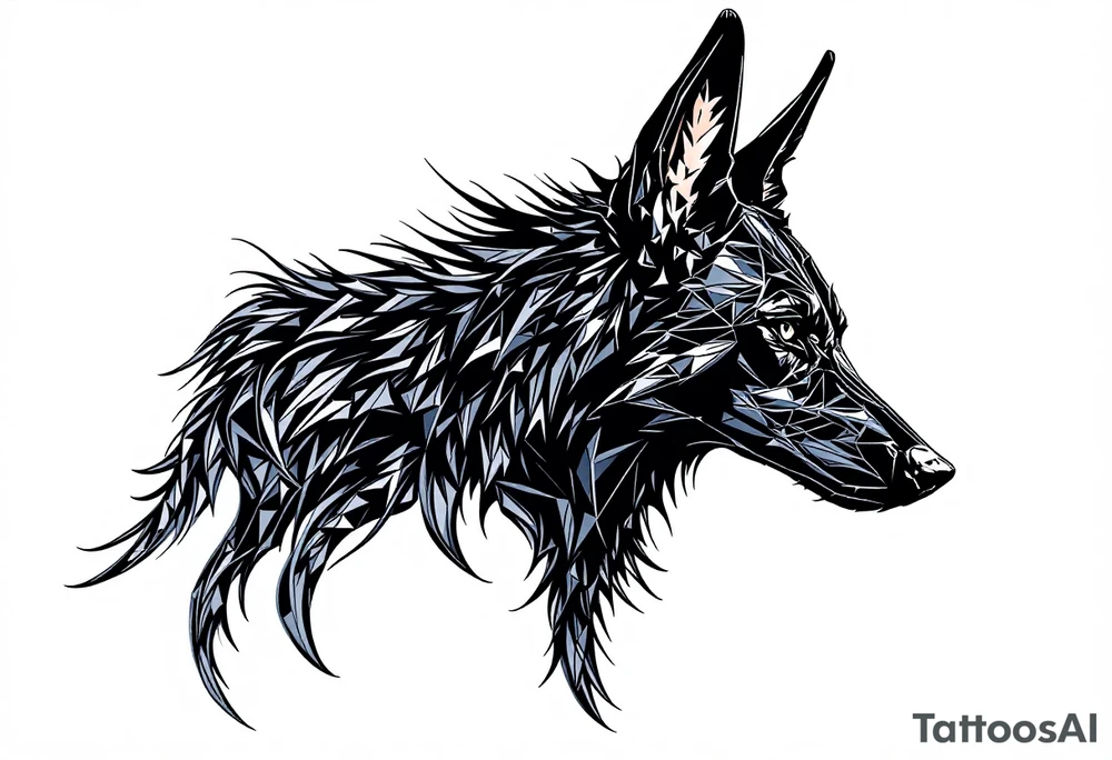 a creature that looks strongly like Anubis, a black Labrador and a black German Shepard, with the tall pointy ears of a jackal, looking back, serious and daring tattoo idea