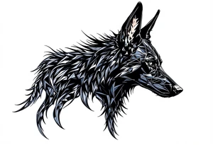 a creature that looks strongly like Anubis, a black Labrador and a black German Shepard, with the tall pointy ears of a jackal, looking back, serious and daring tattoo idea