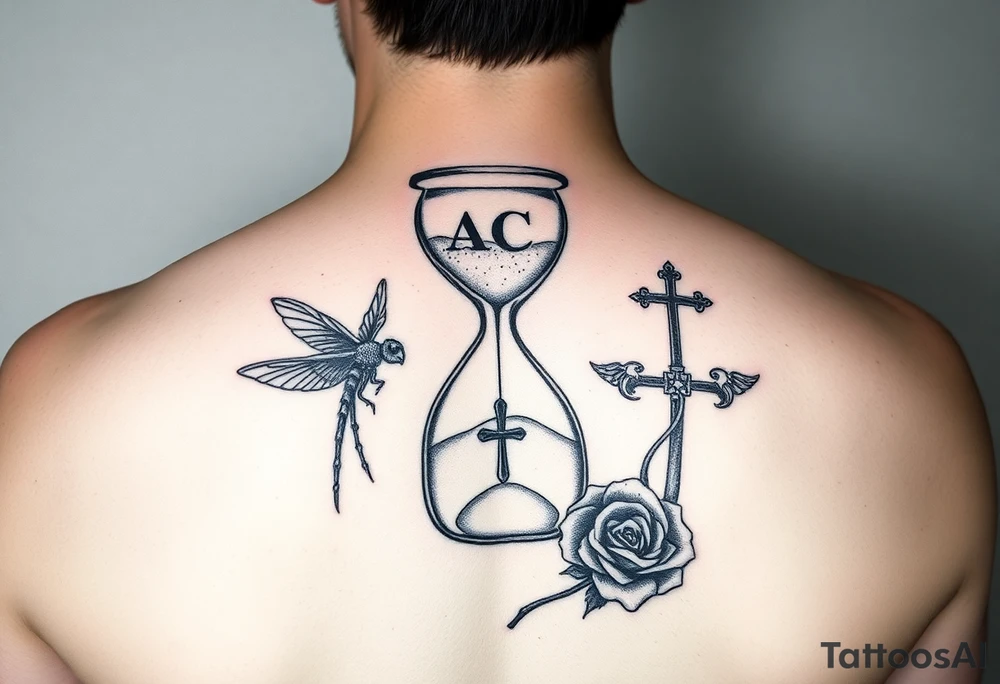 Hourglass with the letters J, A, C in the sand, dragonfly, cross, black rose, and Ford emblem tied into each other tattoo idea