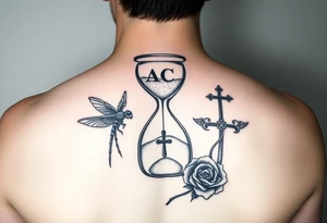 Hourglass with the letters J, A, C in the sand, dragonfly, cross, black rose, and Ford emblem tied into each other tattoo idea