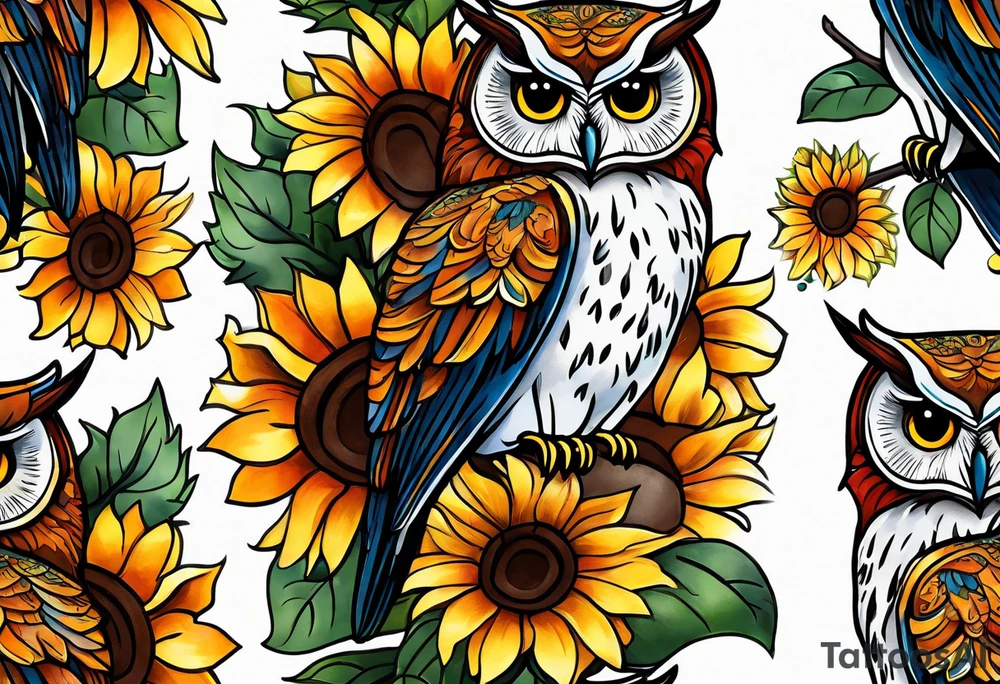 Arm sleeve with colorful sunflowers and an owl tattoo idea