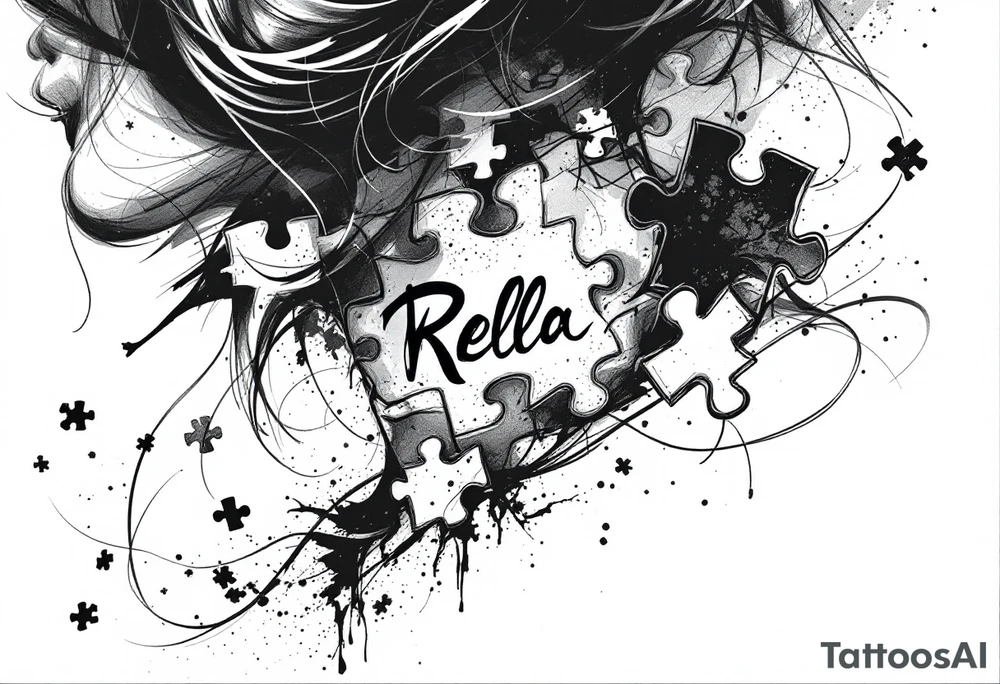 Puzzle piece tattoo on side of the neck that says Rella in the middle tattoo idea