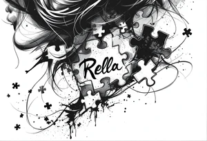 Puzzle piece tattoo on side of the neck that says Rella in the middle tattoo idea