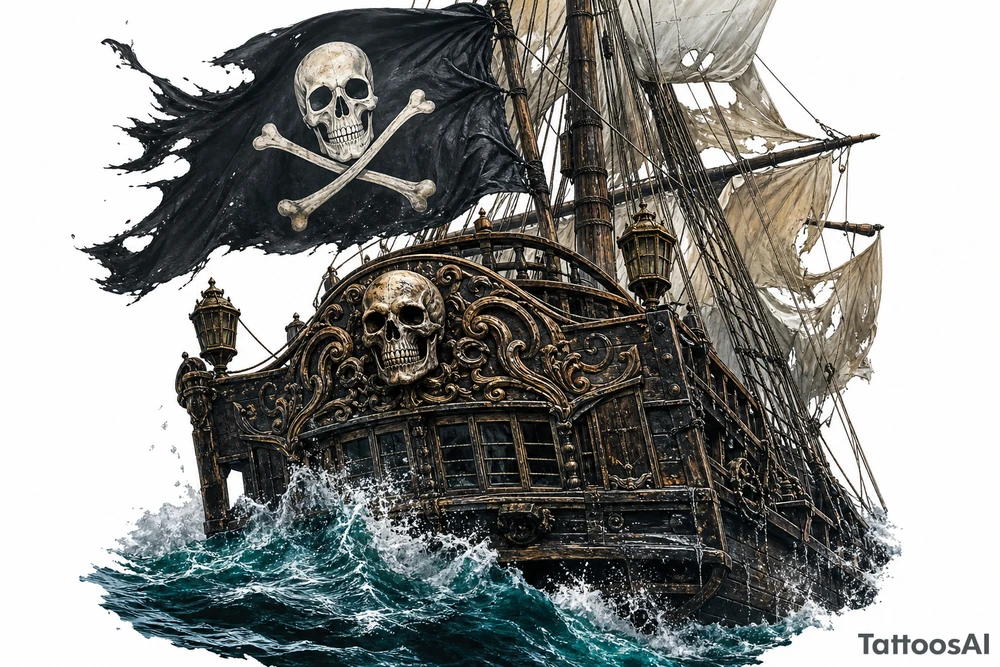 Close-up of a pirate ship's stern, waves crashing over the deck, Jolly Roger. tattoo idea