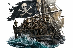 Close-up of a pirate ship's stern, waves crashing over the deck, Jolly Roger. tattoo idea