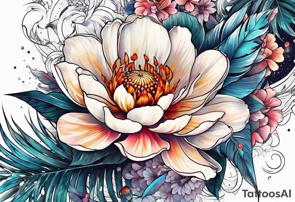 sea,, night, flower, palm, tattoo idea
