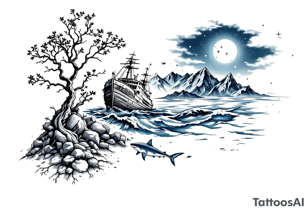 tattoo that has an acacia tree with mountains, ocean with a ship wreck with sharks and the northern star tattoo idea