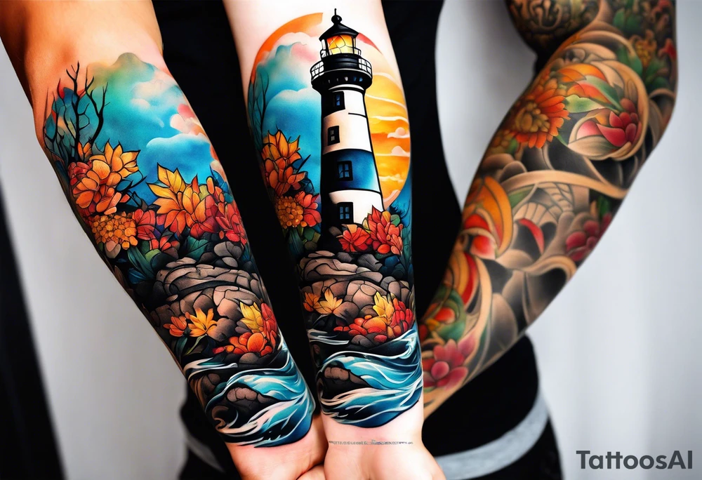 Arm sleeve with fall colors, various flowers, water flow, water splash, light house tattoo idea