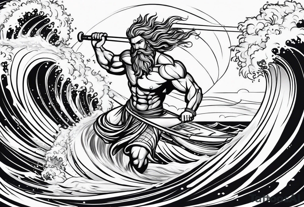 Poseidon im Vordergrund mit Windsurfer und Wellen im Hintergrund tattoo idea