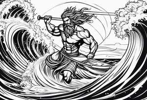 Poseidon im Vordergrund mit Windsurfer und Wellen im Hintergrund tattoo idea