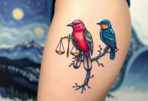 2 birds as the focus, one of the birds red wearing a suit, other bird navy blue with glasses or holding a book, scales of justice built into a tree, starry night painting and mountain background tattoo idea