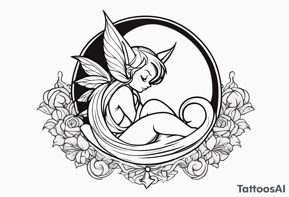 A fairy with a tail inspired by the logo of the show called Fairy Tail in a fetal position leaning in tattoo idea