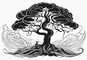 A tree reaching the sky with the roots reaching hell, having a snake around it. All based on Carl Jung ideas. tattoo idea