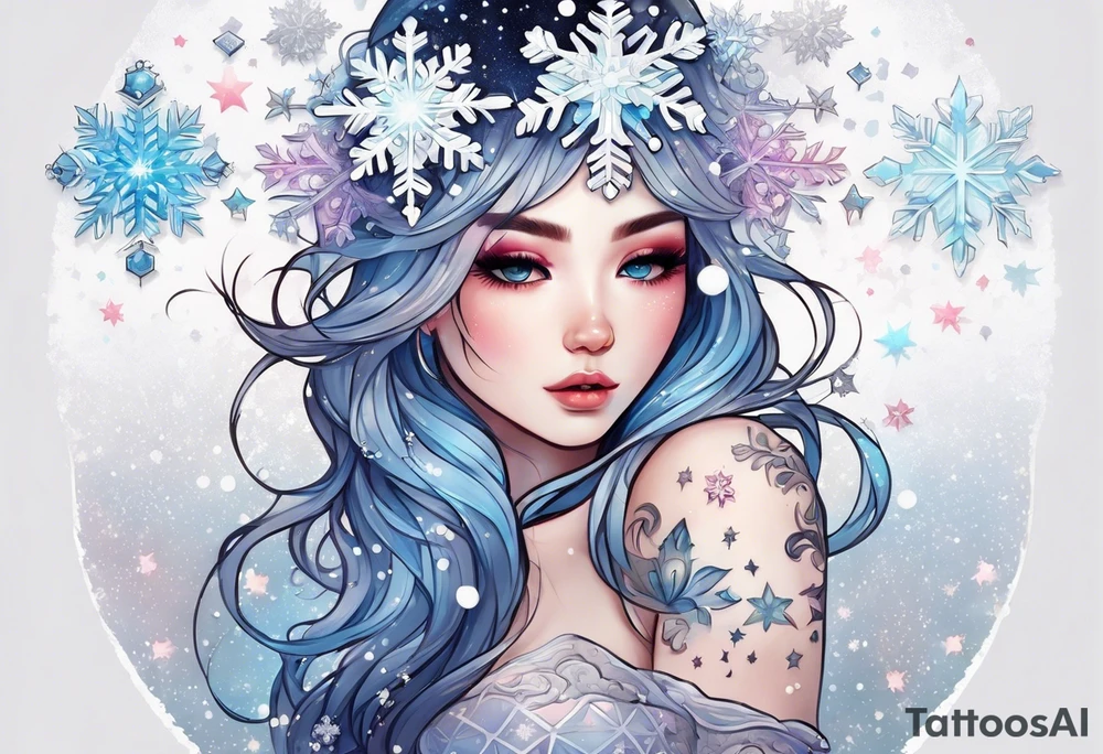 Constellation, kawaii girl , snowflake tattoo idea