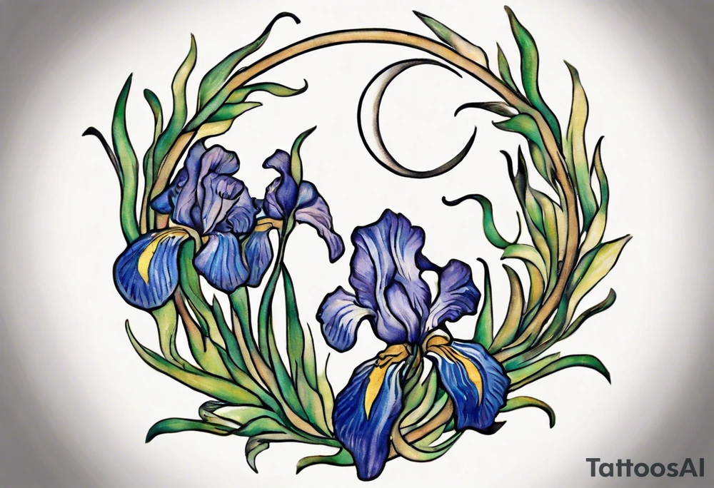 Create a small Vincent van Gogh Irises tattoo. The tattoo should take the form of a crescent, with vines gracefully intertwining at a central point in the middle of the wreath with a bird. The intended placement is on the upper chest. The overall design should be small in size while maintaining a delicate and artistic aesthetic. Pay attention to the graceful flow of the vines and the placement of the irises to achieve a refined and elegant look. tattoo idea