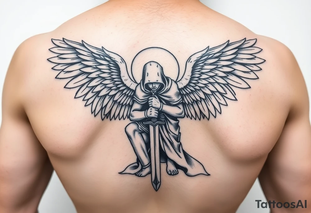 Warrior Angel with long sword  kneeling looking down cloak over head wings
 spread tattoo idea