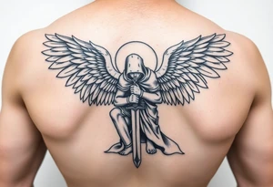 Warrior Angel with long sword  kneeling looking down cloak over head wings
 spread tattoo idea